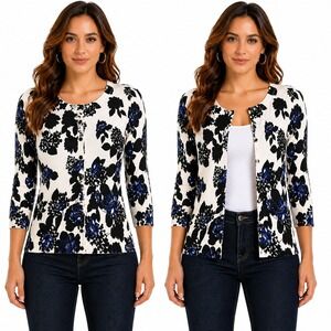 White House Black Market Cardigan Women Small Floral Blue Black White 3/4 Sleeve